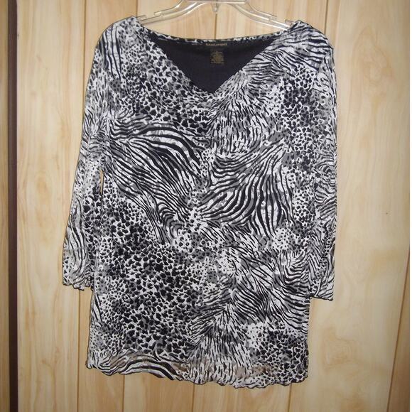 Susan Lawrence Animal Print V-Neck Sheer 3/4 Sleeve Lined Top L - Picture 1 of 5